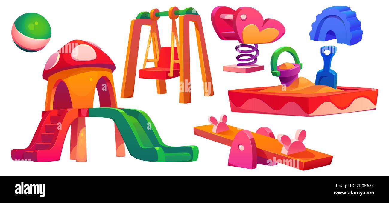 Équipement de terrain de jeu pour enfants dans le parc, la maternelle, l'école ou la cour d'école. Balançoire, toboggan, bac à sable, balançoire de mer, jouets et balle isolés sur fond blanc, illustration de dessin animé vectoriel Illustration de Vecteur