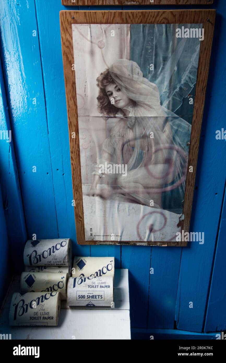 Playboy's Miss juin 1965 exposé dans les toilettes au musée de Port Lockroy British Antarctic Survey Station Port Lockroy, Wiencke Island, Graham Land Banque D'Images