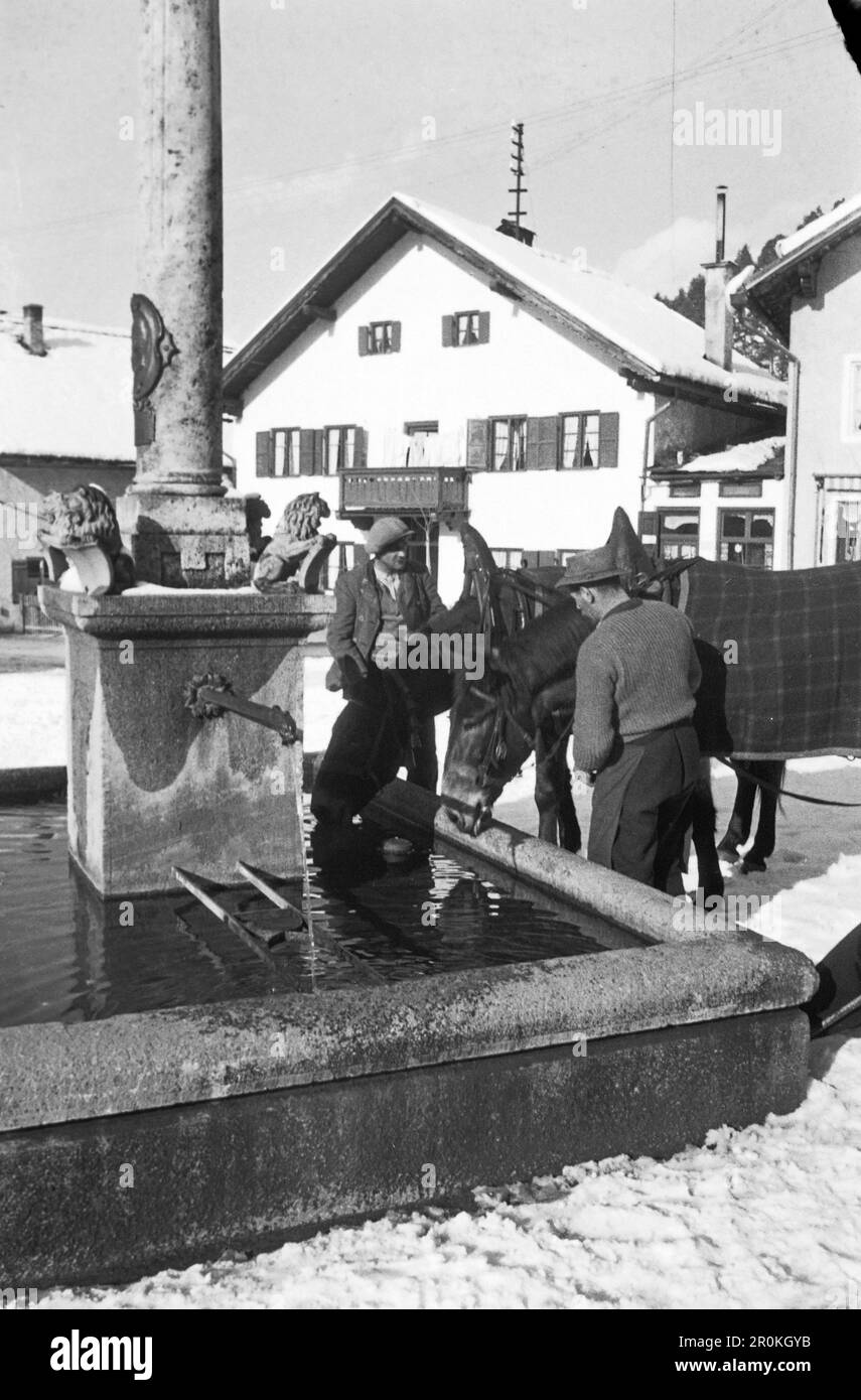 Bauern tränken ihre Pferde am Floriansbrunnen auf dem Floriansplatz in Garmisch Partenkirchen, 1936. Les fermiers arroser leurs chevaux au puits de Florian sur Floriansplatz à Garmisch Partenkirchen, 1936. Banque D'Images