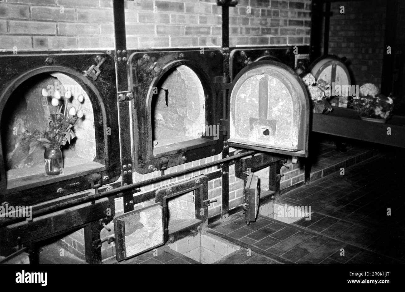 Einer der beiden Verbennungsöfen im Krematorium von Buchenwald mit Blumenschmuck, 1960. Un des deux fours de crémation du crématorium Buchenwald avec pots de fleurs, 1960. Banque D'Images