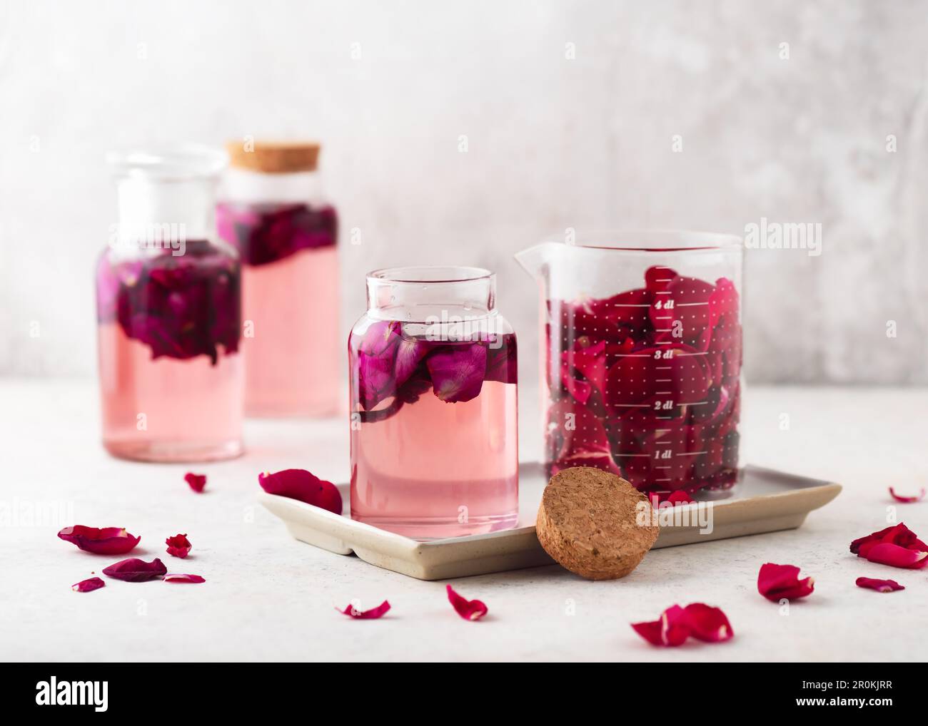 De l'eau de pétale de rose ou du sirop fait maison, à base de roses fraîches et biologiques. Concept alimentaire sain d'été. Mise au point sélective. Banque D'Images