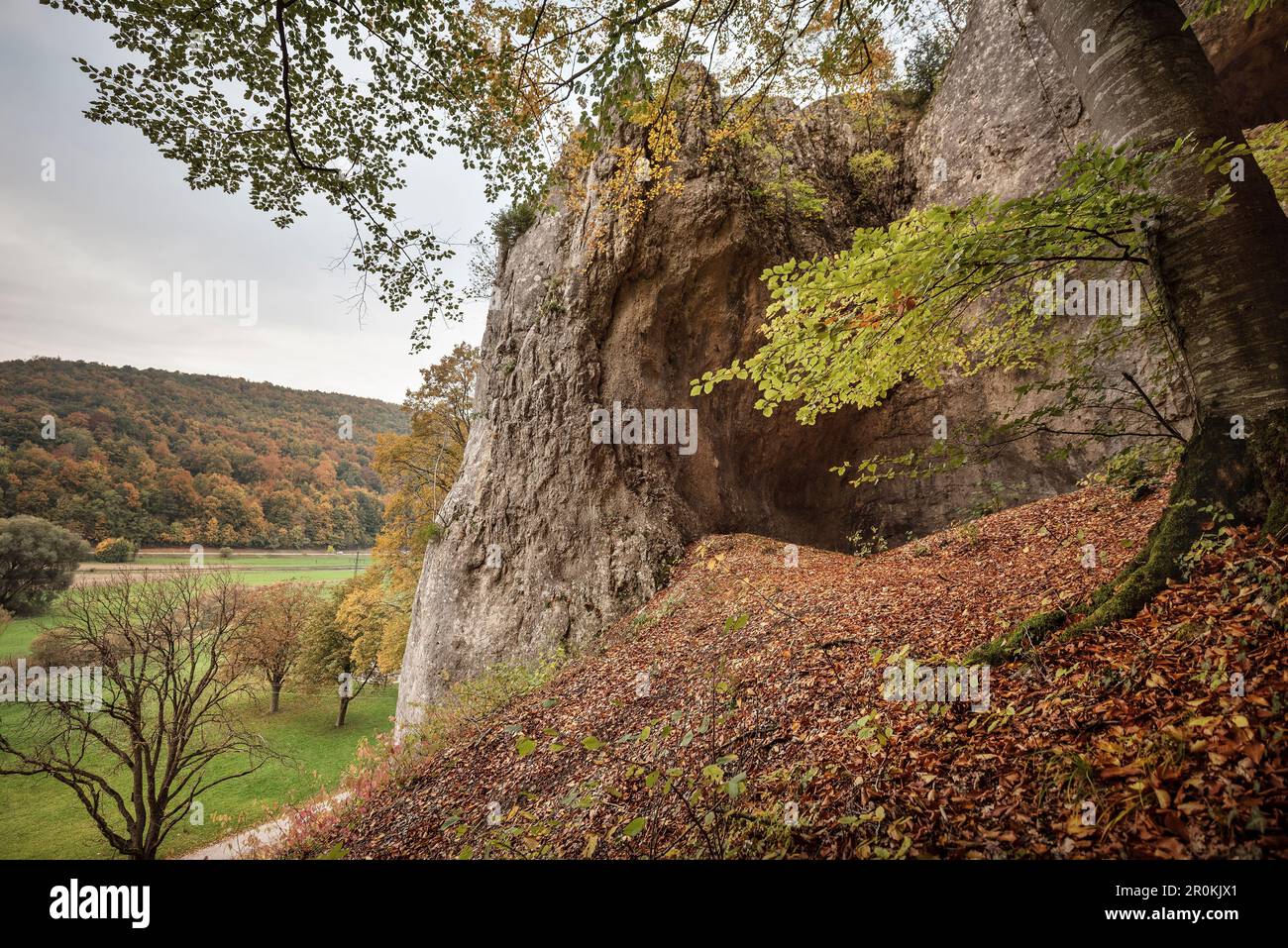 Patrimoine mondial de l'UNESCO Grottes de l'âge glaciaire de l'Alb souabe, „Hohler Fels“ Cave (où „Venzs vom Hohlen Fels“ a été trouvé), Vallée d'Aach, Bade-Wuerttemberg, Banque D'Images