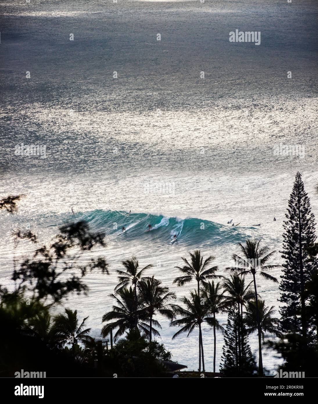 HAWAII, Oahu, Côte-Nord, les surfers dans l'eau à Waimea Bay Banque D'Images