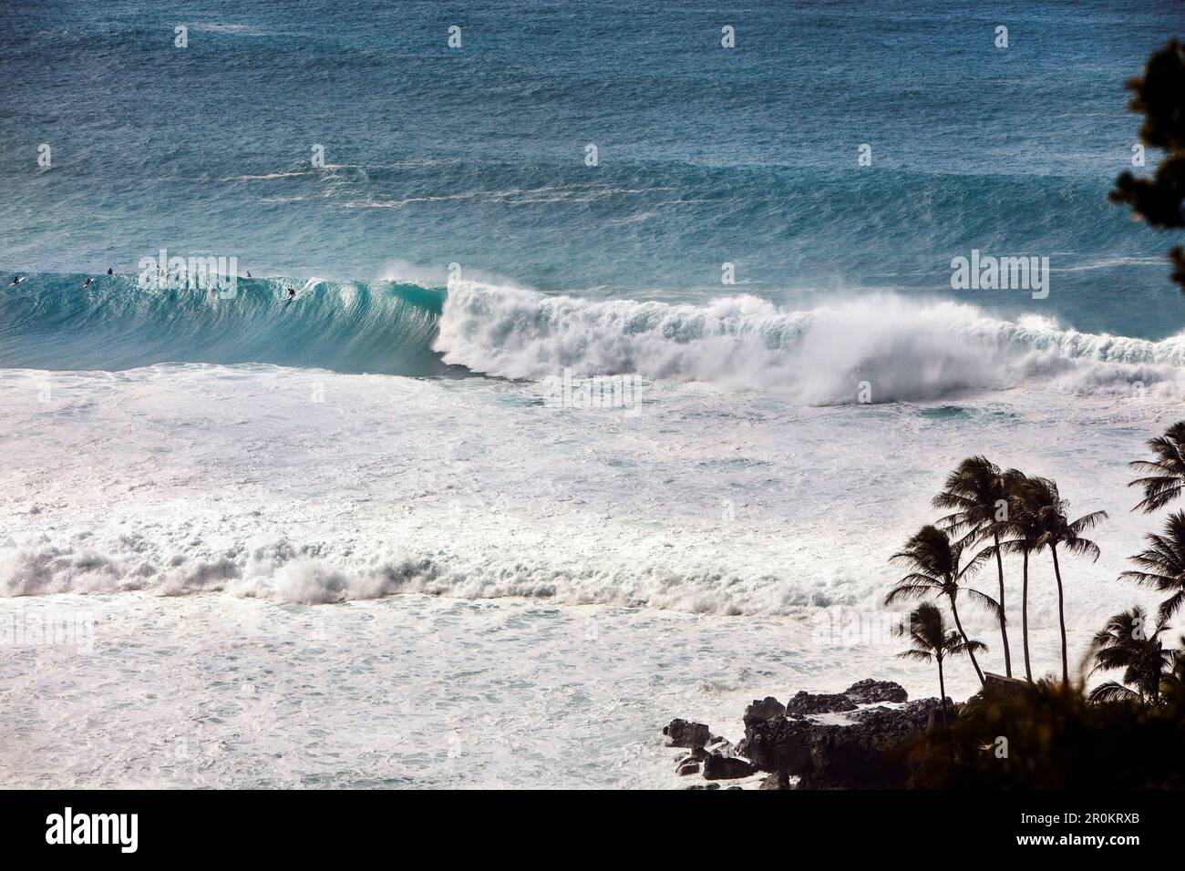 HAWAÏ, Oahu, North Shore, vagues s'écrasant à Waimea Bay sur la rive nord Banque D'Images
