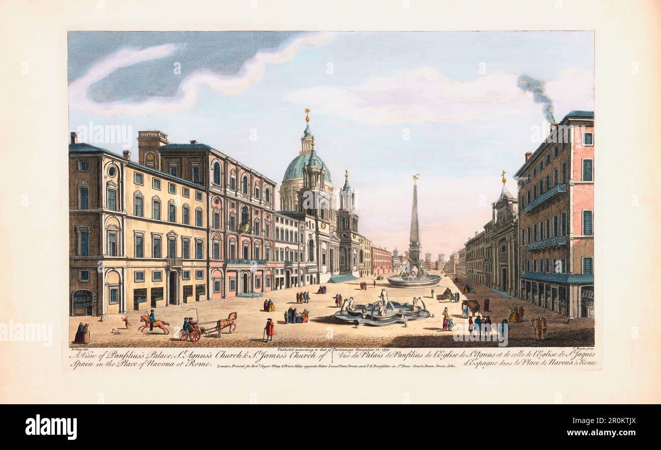 Piazza Navona, Rome, Italie. Après un imprimé du 18th siècle par Thomas Bowles. Colorisation ultérieure. Banque D'Images
