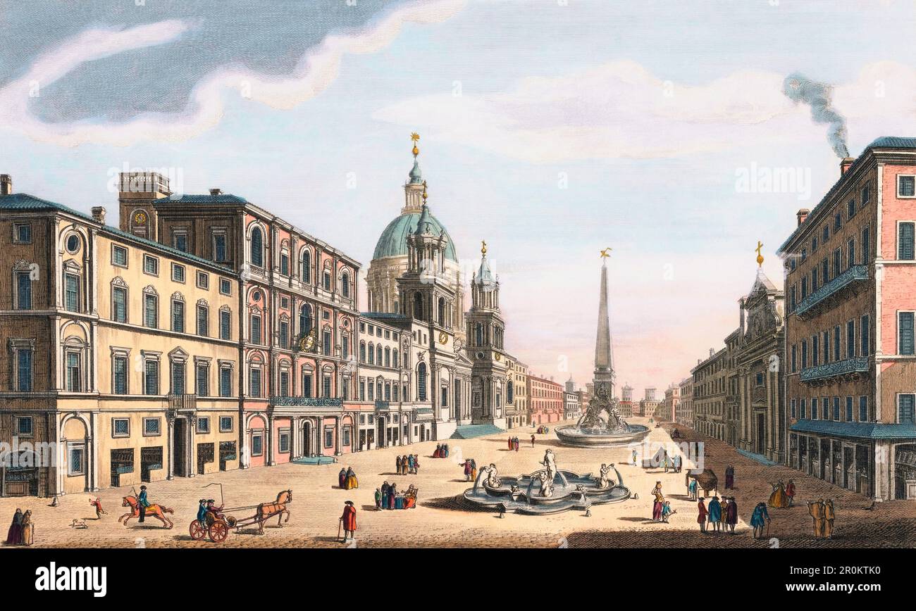 Piazza Navona, Rome, Italie. Après un imprimé du 18th siècle par Thomas Bowles. Colorisation ultérieure. Banque D'Images