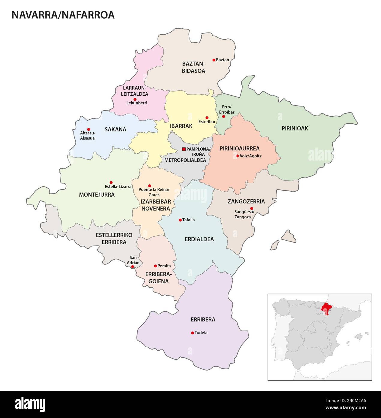 Carte administrative des régions de la communauté autonome espagnole de Navarre Banque D'Images