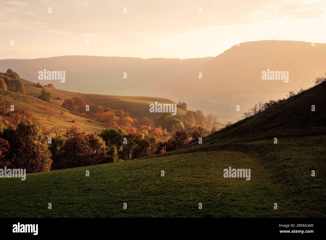 Paysage enveloppé dans la lumière chaude du coucher du soleil au château Teck, Kirchheim Teck, Réserve de biosphère, Alb souabe, Baden-Wuerttemberg, Allemagne Banque D'Images