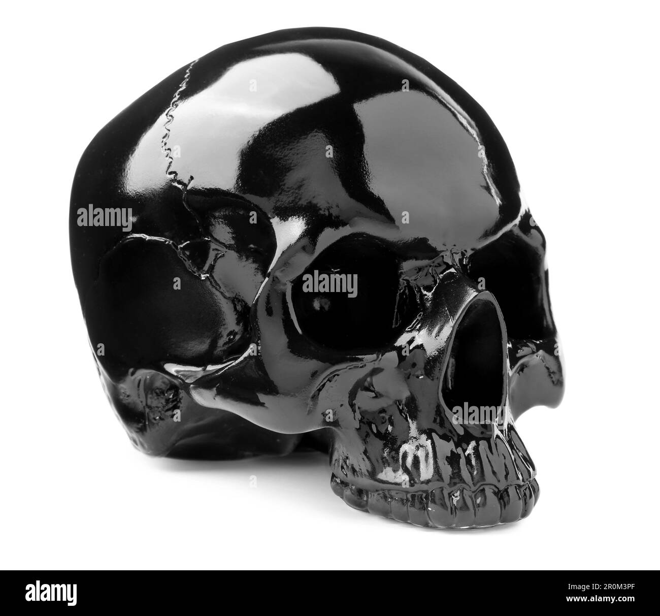 Crâne humain brillant noir isolé sur blanc Banque D'Images