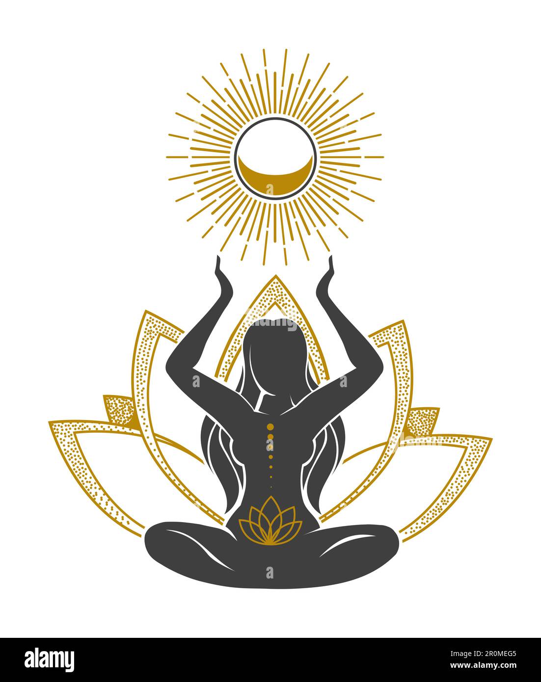 Emblem ésotérique de la belle silhouette de femme et symbole mystique du Soleil et de la Lune isolé sur le blanc. Illustration vectorielle Illustration de Vecteur