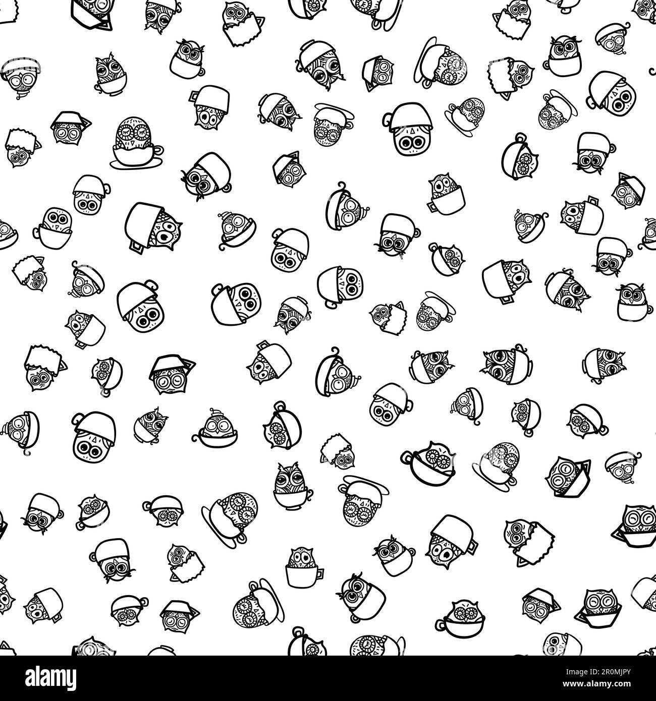 Drôle de hibou dessiné à la main dans la tasse. Motif OWLS sans coutures pour l'impression, le tissu, l'emballage et l'illustration, le jeu, le Web et les articles pour enfants. Bonjour ou bonne nuit Illustration de Vecteur