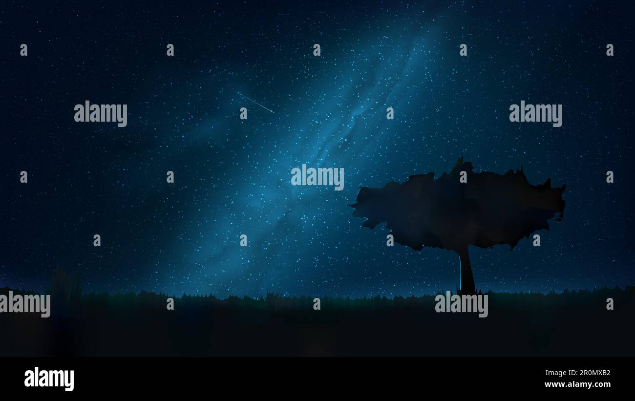 Ciel étoilé éclatant de nuit, arbre solitaire dans la prairie. Arrière-plan d'espace bleu foncé avec étoiles, nébuleuse, météore. Nuit Starlight dans la nature, cosmos. Vecteur Illustration de Vecteur