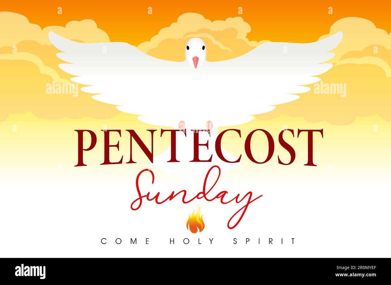 Pentecost Sunday, concept de bannière de bulletin. Venez l'Esprit Saint, volant colombe dans le ciel, conception pour poster ou invitation de culte. L'effusion de l'Esprit Illustration de Vecteur