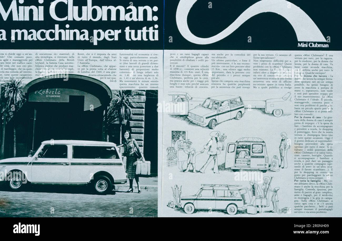 Affiche publicitaire de la voiture Mini Clubman, Italie 1970s Banque D'Images