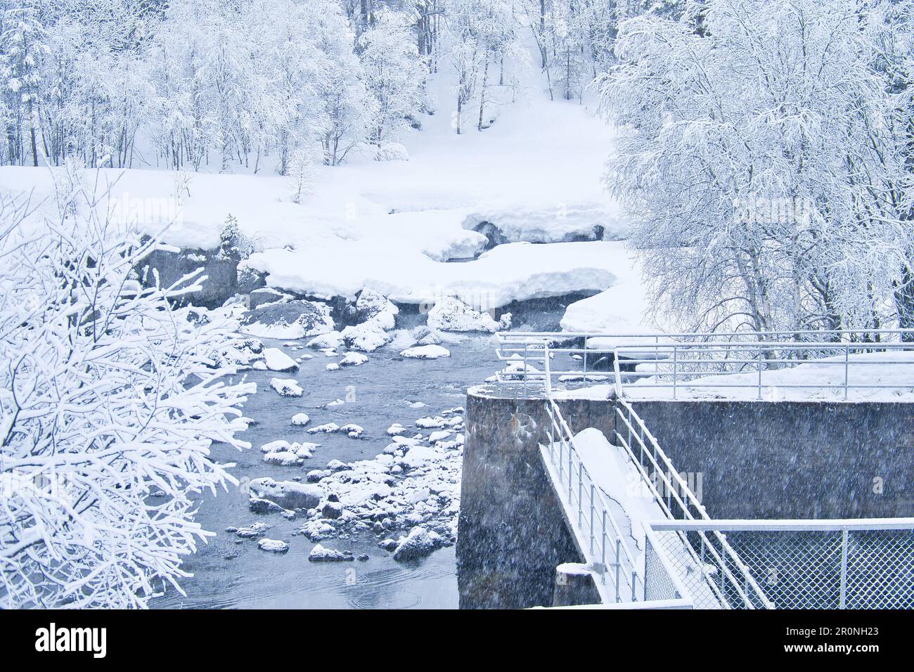 Paysage d'hiver en Scandinavie. Avec des arbres couverts de neige par un petit ruisseau. Photo de paysage du nord Banque D'Images