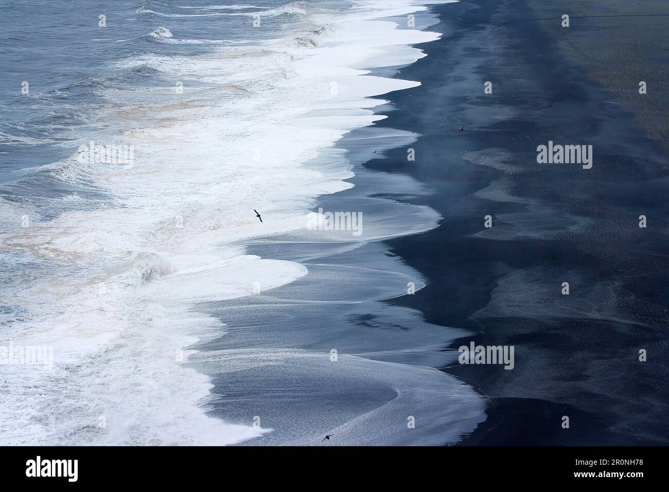 Vue sur la plage de sable noir depuis le phare de Dyrhólaey, Islande du Sud, Islande, Europe Banque D'Images