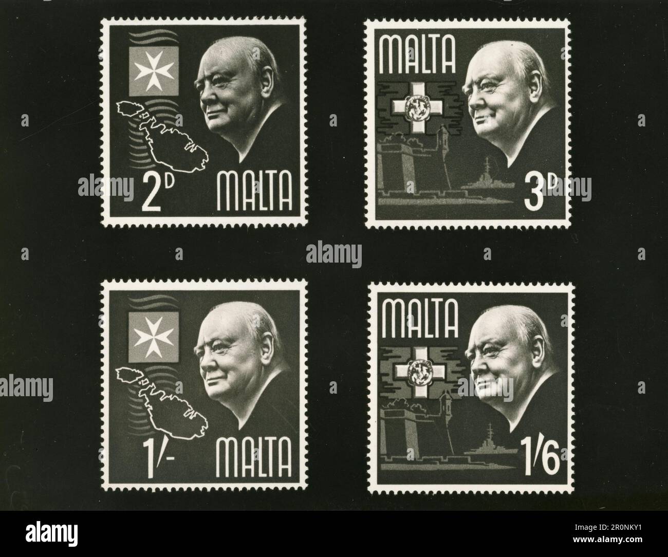 Timbres commémorant la mort de Sir Winston Churchill émis à Malte, 1966 Banque D'Images
