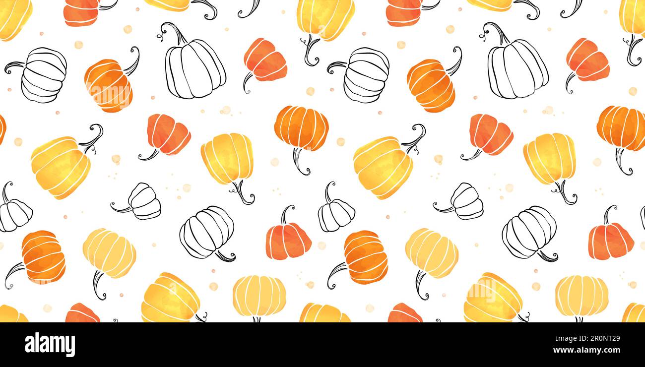 Mignon main citrouille dessin horizontal sans couture motif, citrouilles dessinées à la main - super comme fond de Thanksgiving, textiles, bannières, papiers peints, emballage - Illustration de Vecteur
