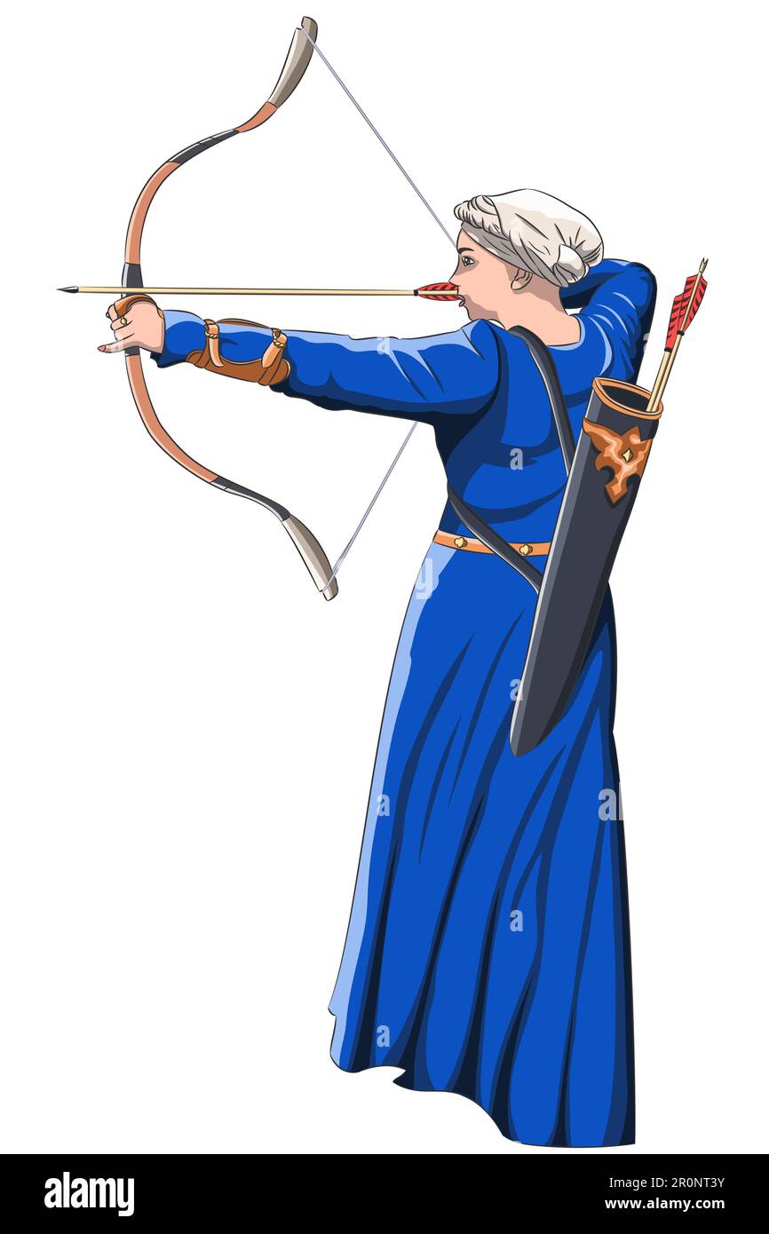Une jeune fille dans une vieille robe bleue médiévale tire un arc de combat. Illustration vectorielle. Illustration de Vecteur
