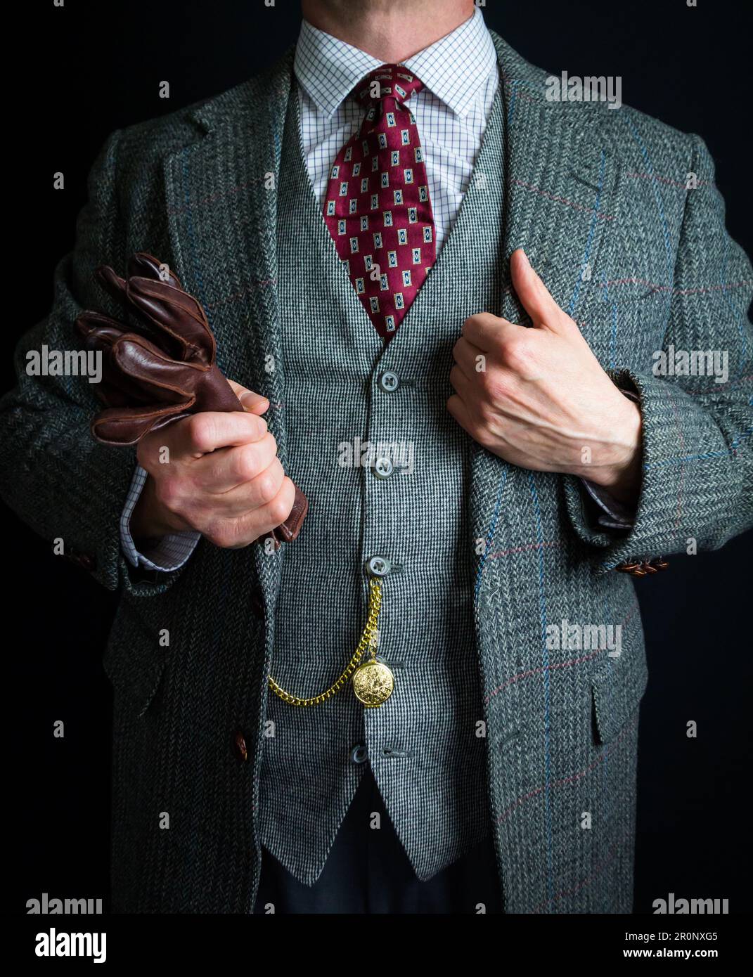 Portrait de l'homme élégant en costume en tweed tenant des gants en cuir dans l'attitude de Carefree. Style vintage et mode élégante du gentleman britannique classique. Banque D'Images