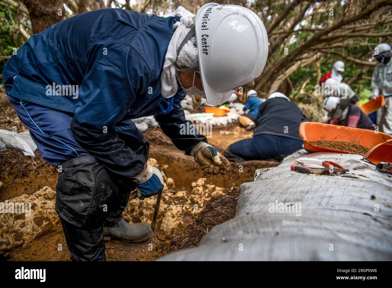 Des entrepreneurs du Conseil de l'éducation de la préfecture d'Okinawa, Centre archéologique, excavent lors d'une fouille archéologique sur la station aérienne du corps des Marines Futenma, Okinawa, Japon, 25 novembre 2019. Banque D'Images