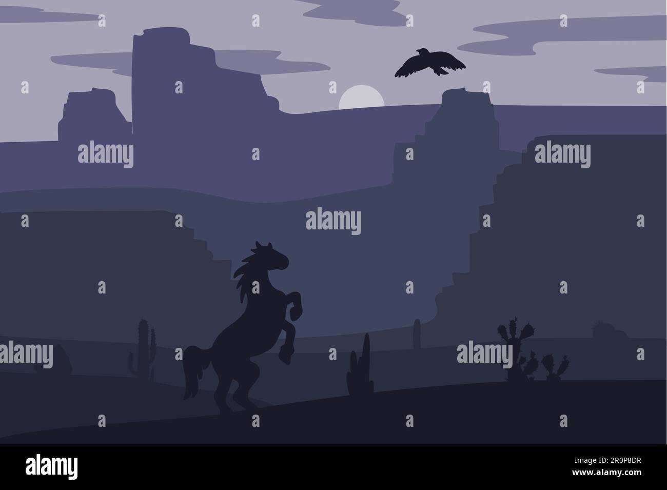 Cheval galopant rétro Wild West dans le désert. Coucher de soleil vintage dans la prairie avec mustang, cactus et aigle dans le ciel. Nuit occidentale. Paysage naturel pour l'impression, Illustration de Vecteur