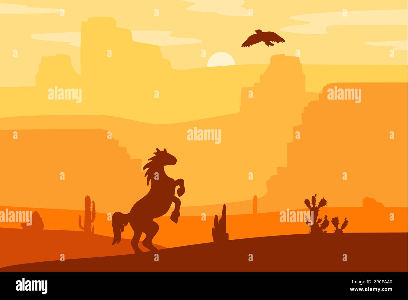 Cheval galopant rétro Wild West dans le désert. Coucher de soleil vintage dans la prairie avec mustang, cactus et aigle dans le ciel. Journée occidentale. Paysage naturel pour l'impression, p Illustration de Vecteur
