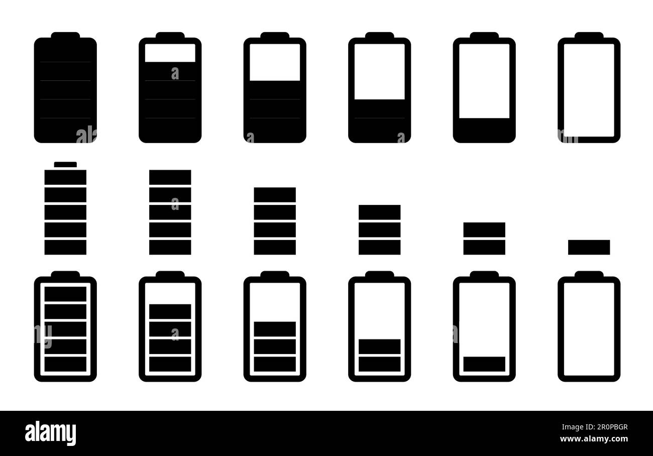 Icônes de charge de l'appareil définies. Faibles, moyens et grands niveaux de charge. Icône pour téléphone, ordinateur portable, application et présentation Illustration de Vecteur