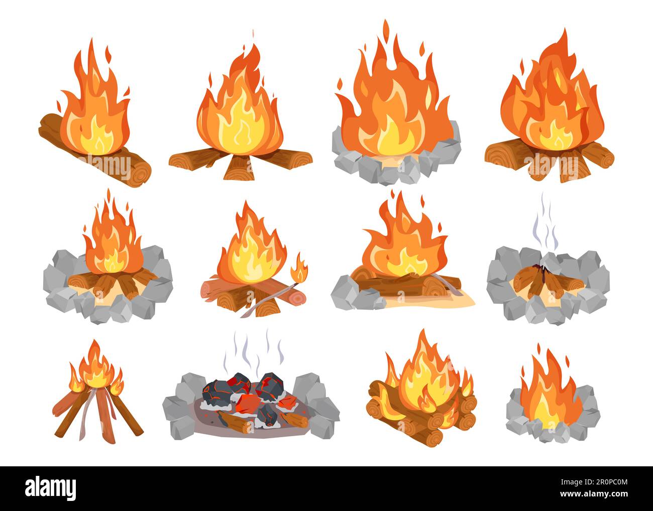 Jeu d'illustrations de feu de camp en bois coloré et créatif Illustration de Vecteur