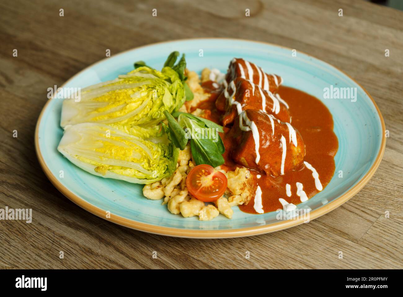 Poulet à la sauce paprika, nouilles aux œufs, crème aigre et légumes Banque D'Images