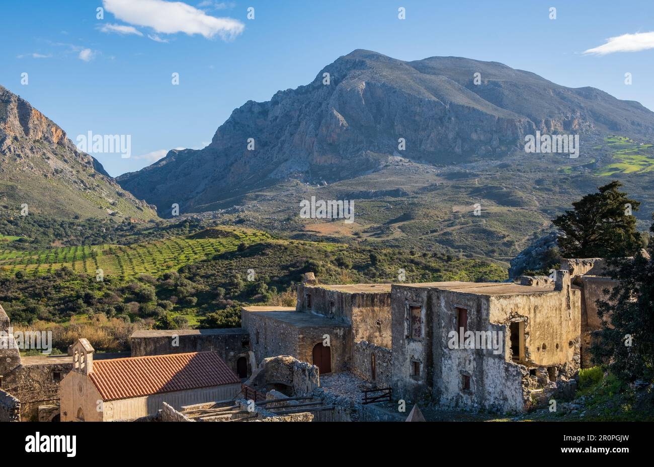 Ruines restaurées du monastère inférieur (Kato) Prevelii, sud de la Crète Banque D'Images
