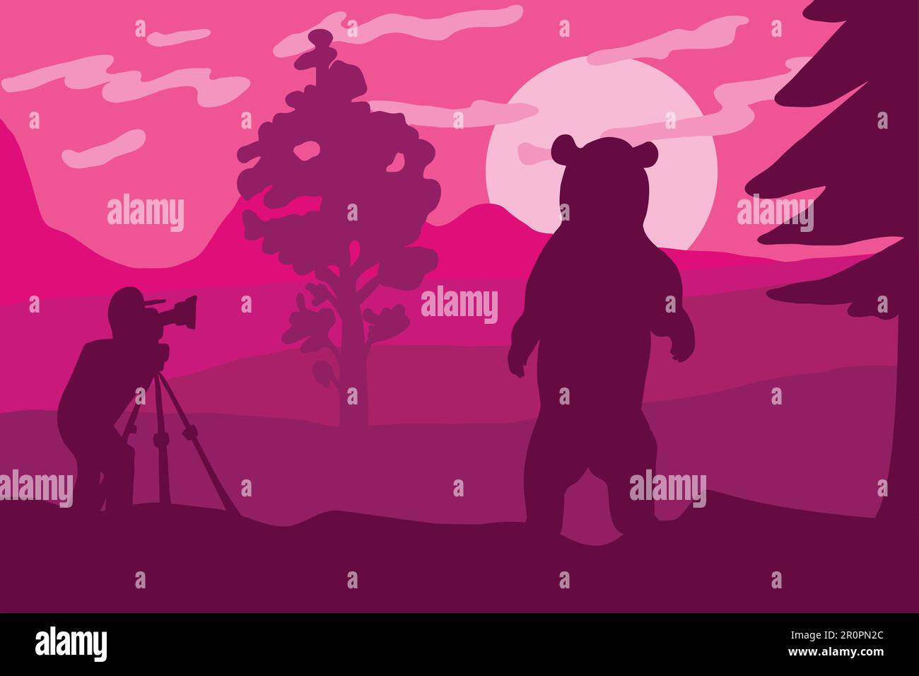 Faune, photographie de la nature illustration de vecteur plat. Paysage minimaliste avec silhouette d'ours Illustration de Vecteur