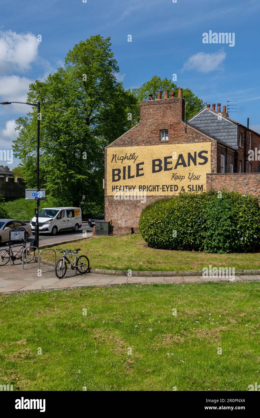 YORK, ROYAUME-UNI - 9 MAI 2023. Une scène de rue traditionnelle à York de l'époque Bile Beans publicité panneau peint sur le côté d'un bâtiment local Banque D'Images