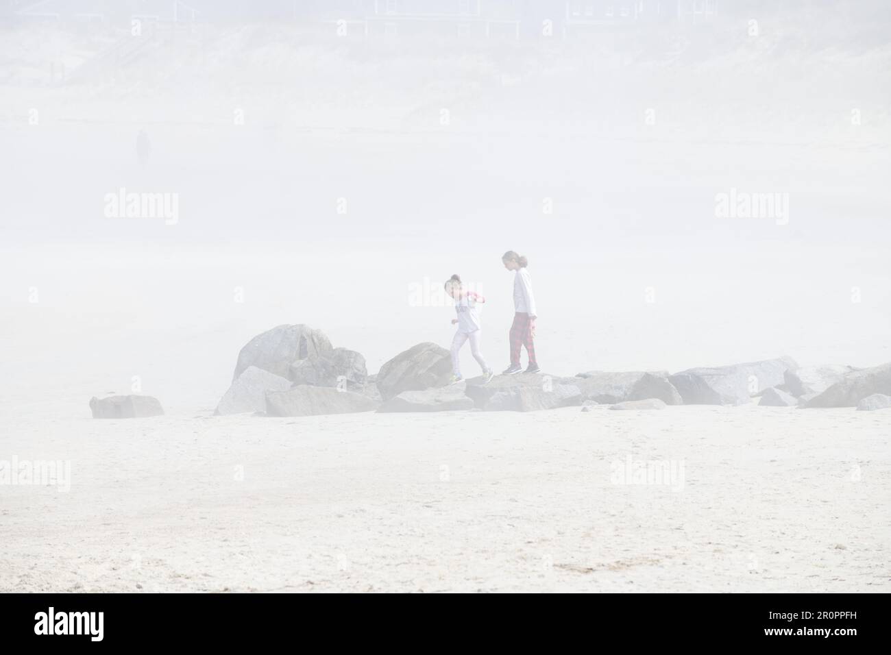 Enfants sur les rochers sur une plage de Cape Cod par une journée brumeuse Banque D'Images