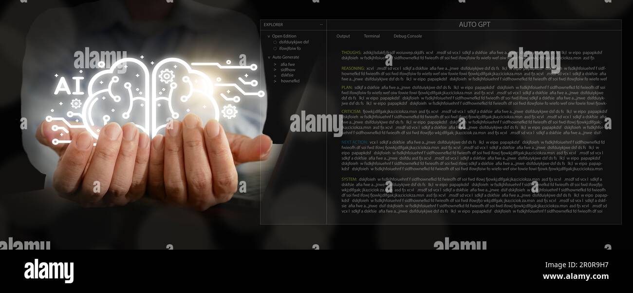 Auto GPT, Chef GPT, Agent ai : outil d'intelligence artificielle qui atteint les objectifs de l'utilisateur sans qu'il soit nécessaire de saisir des invites. Un homme l'utilise t Banque D'Images