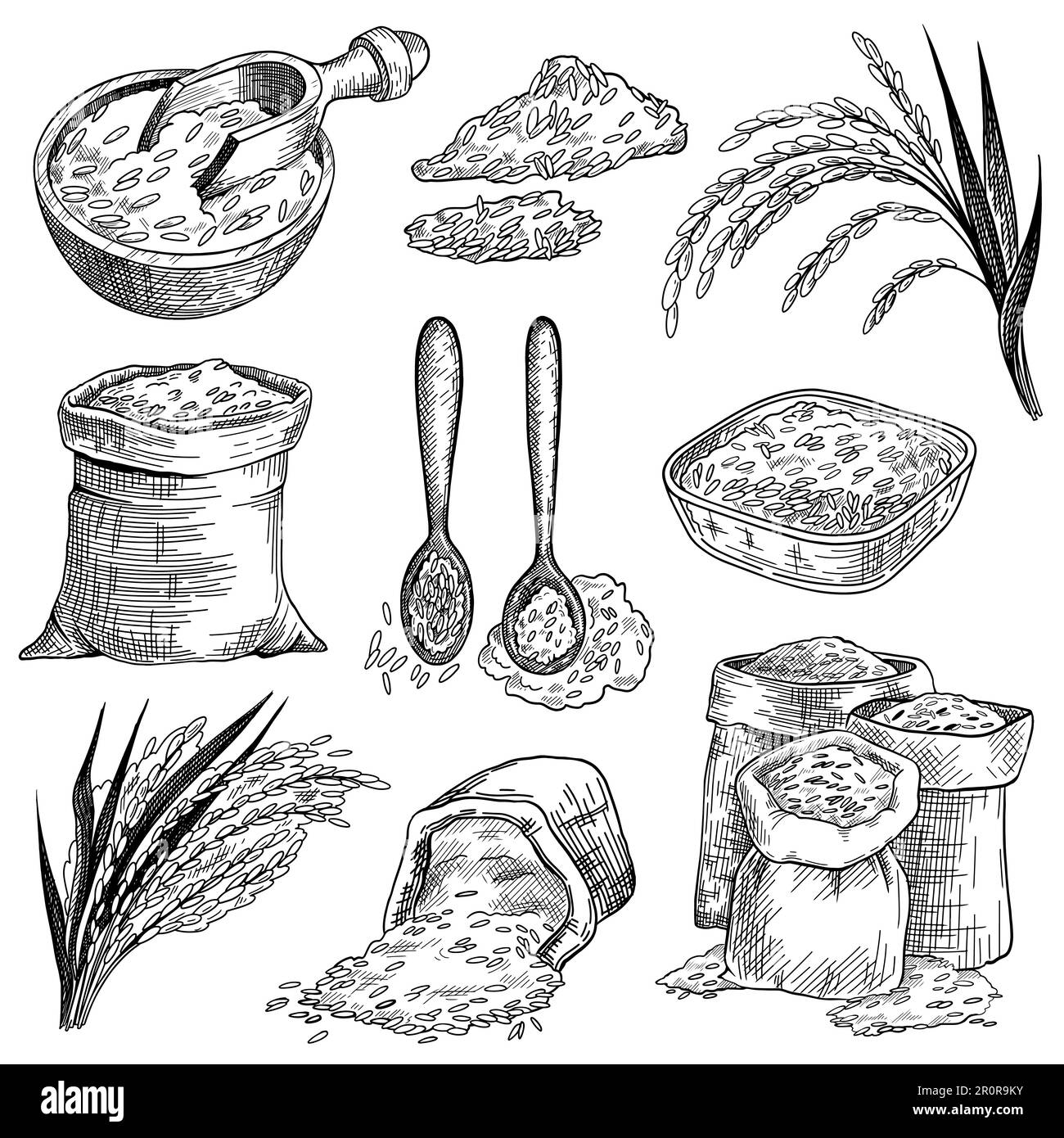 Jeu de croquis de céréales de riz en sacs et bols Illustration de Vecteur