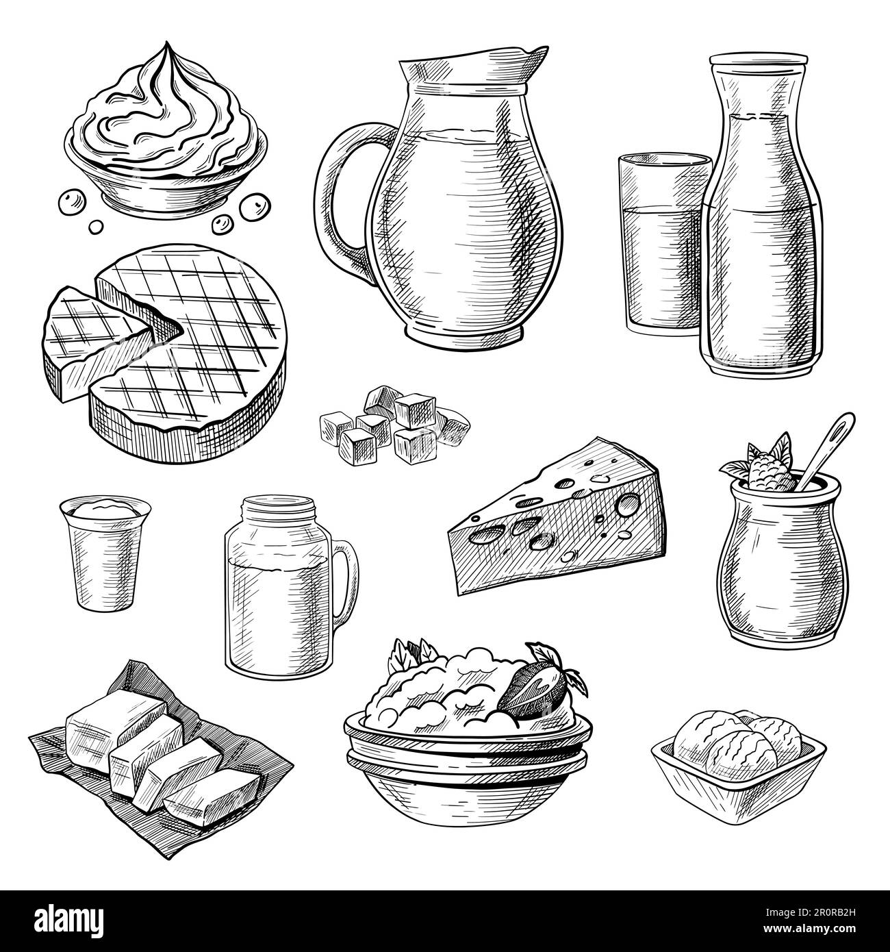 Ensemble de croquis de produits laitiers Illustration de Vecteur