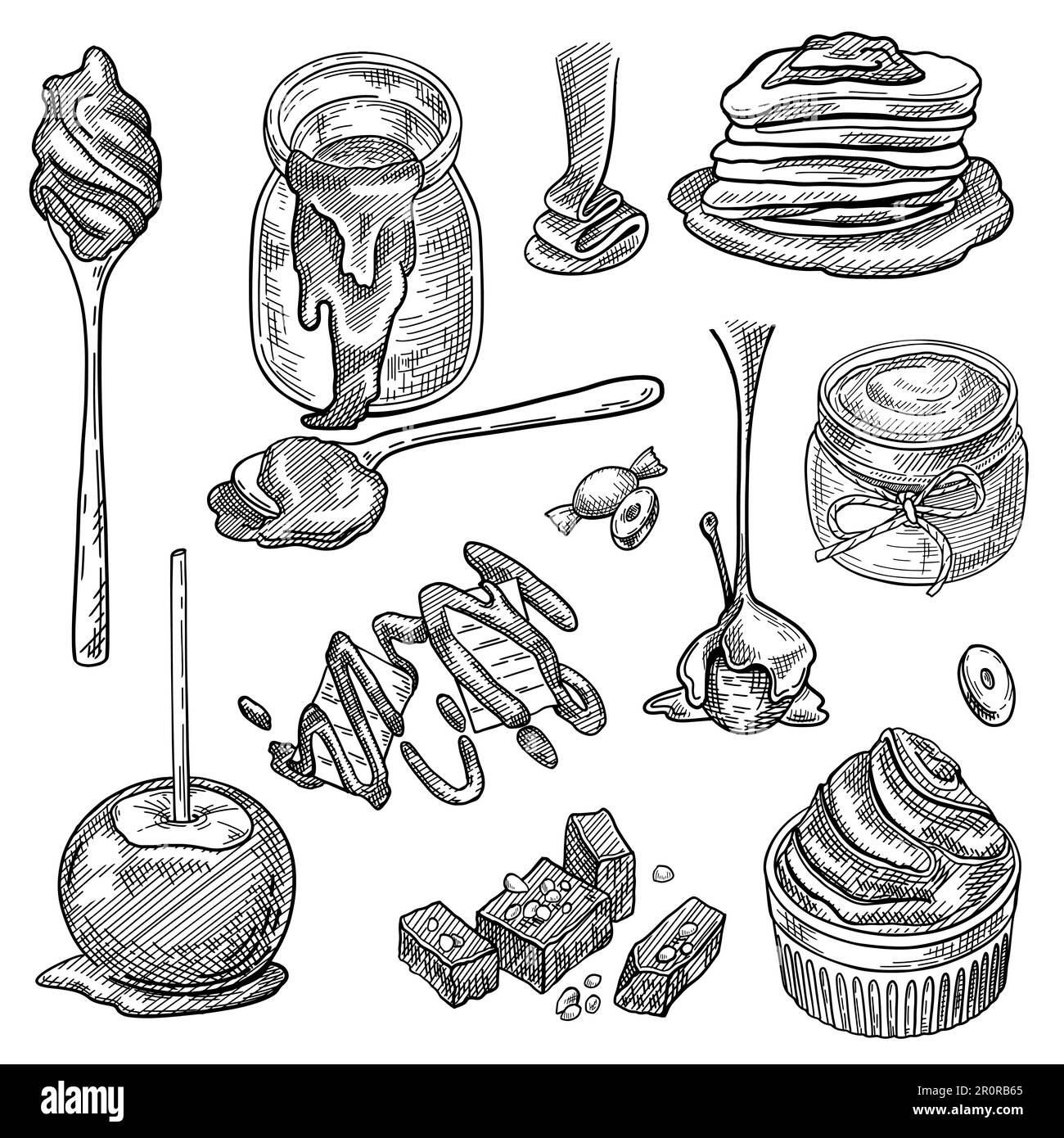 Sauce au caramel liquide dans un pot, une cuillère, des bonbons caramel, une éclaboussure, une pomme Illustration de Vecteur