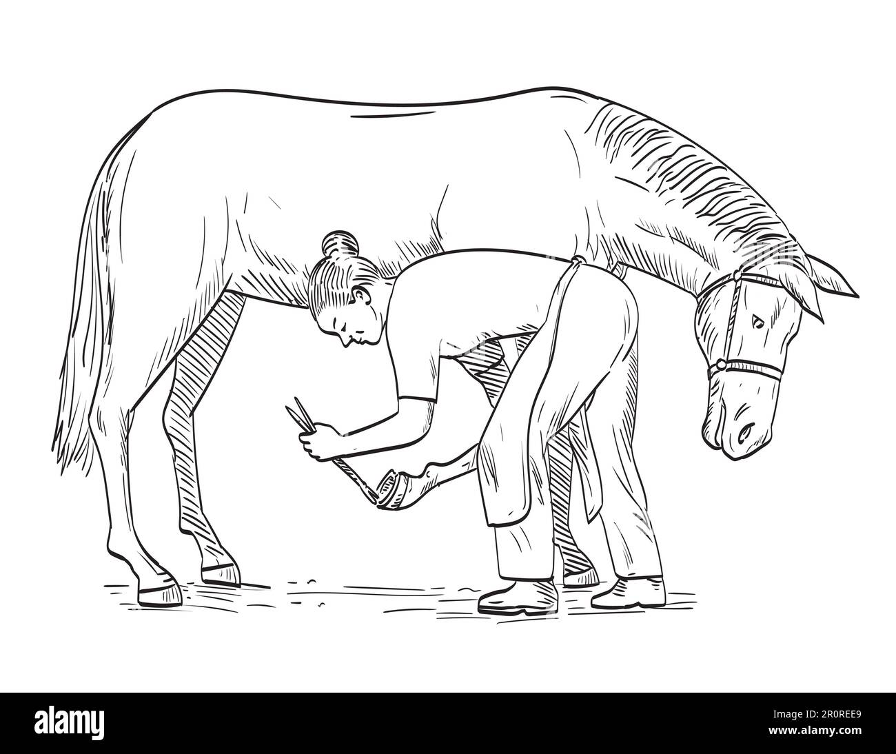 Dessin de style BD ou illustration d'un farrier femelle plaçant le fer à cheval sur le sabot de cheval vu du côté sur un arrière-plan isolé en noir et Banque D'Images