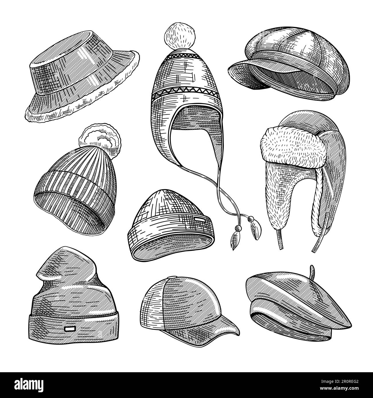 Ensemble d'illustrations gravées pour chapeaux d'hiver Illustration de Vecteur