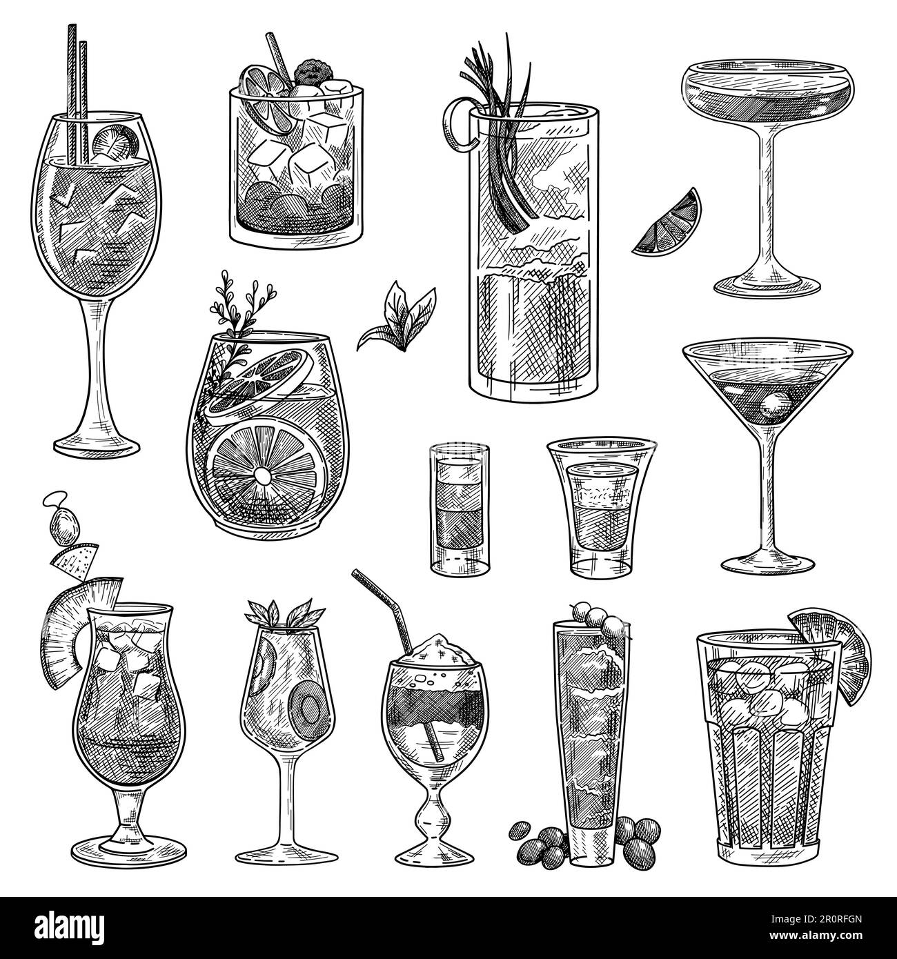 Ensemble de verres à cocktail avec croquis Illustration de Vecteur