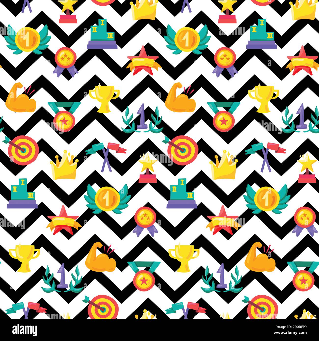 Le gagnant récompense le motif vectoriel sans couture. Trophées de championnat, prix sur fond de lignes zigzag Illustration de Vecteur