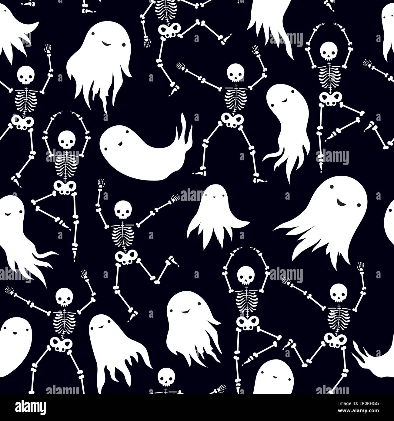 Motif vectoriel avec des fantômes mignons et des squelettes dansants Illustration de Vecteur