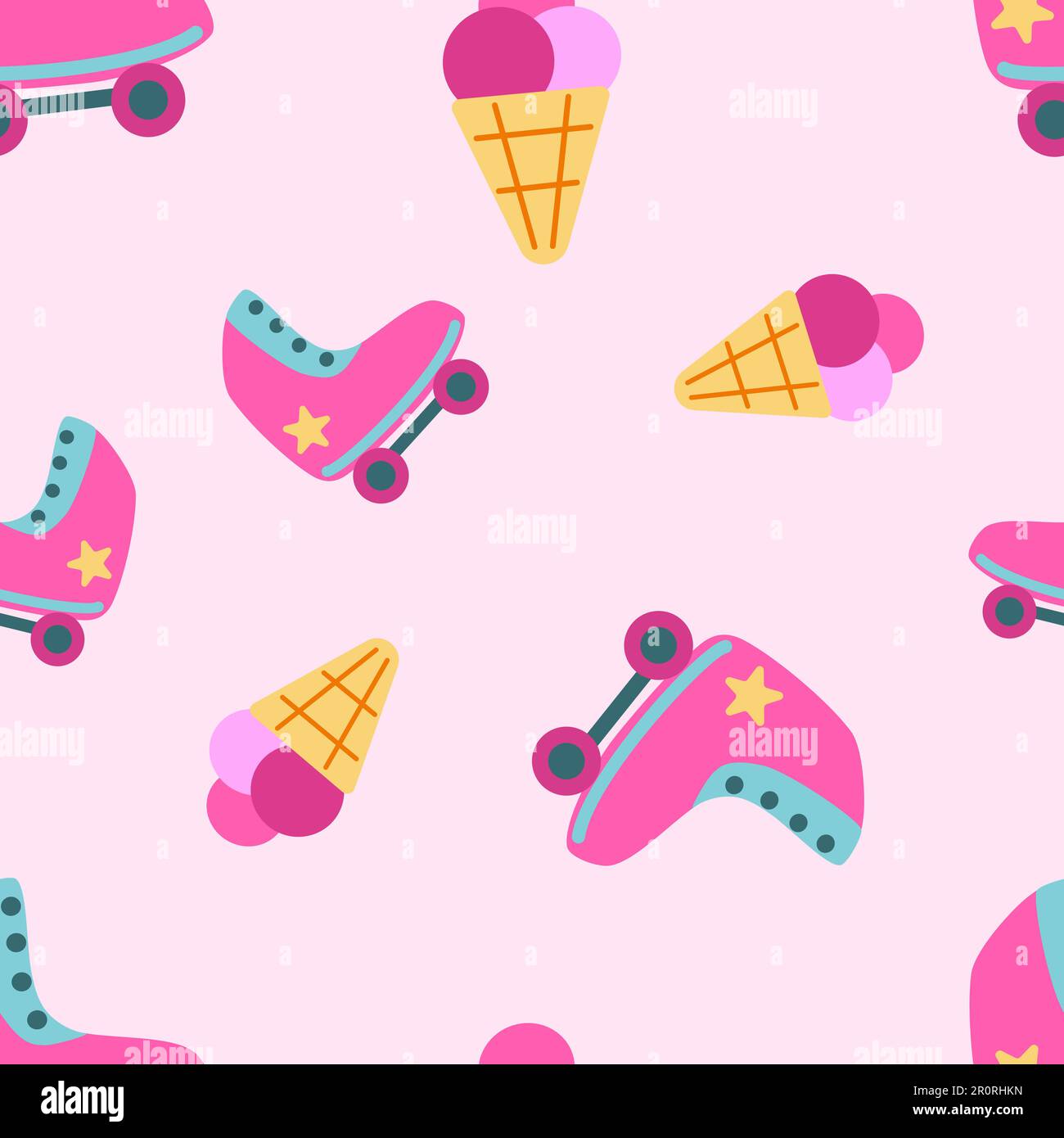 Barbiecore jouet rose chaud patins à roulettes et icecrame vecteur sans couture motif Doll thème fond d'écran coloré Illustration de Vecteur