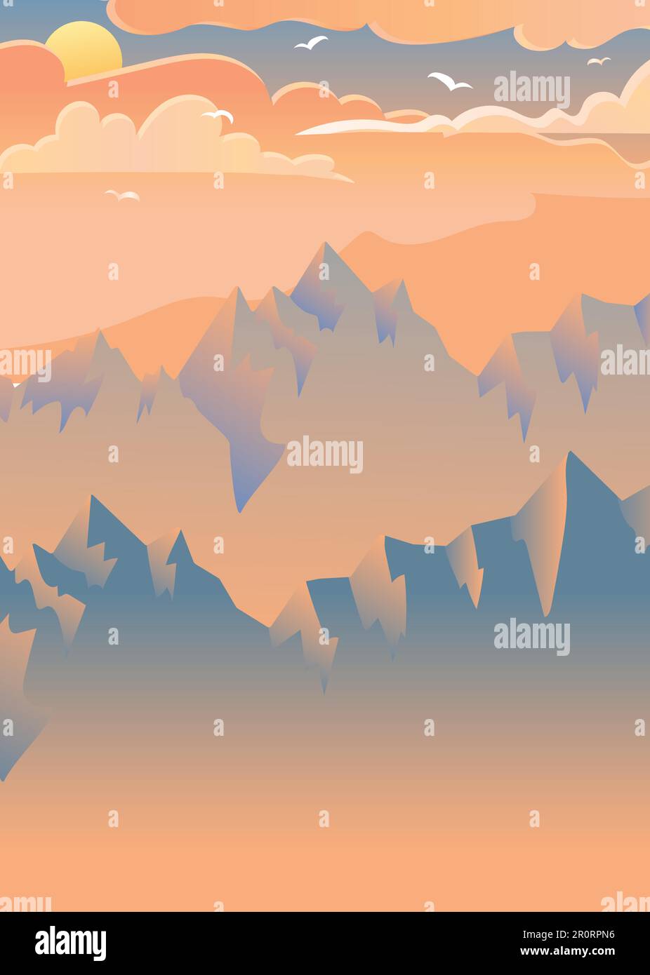 Illustration vectorielle coucher de soleil en montagne. Lever de soleil brumeux. Paysage. Alpinisme Illustration de Vecteur