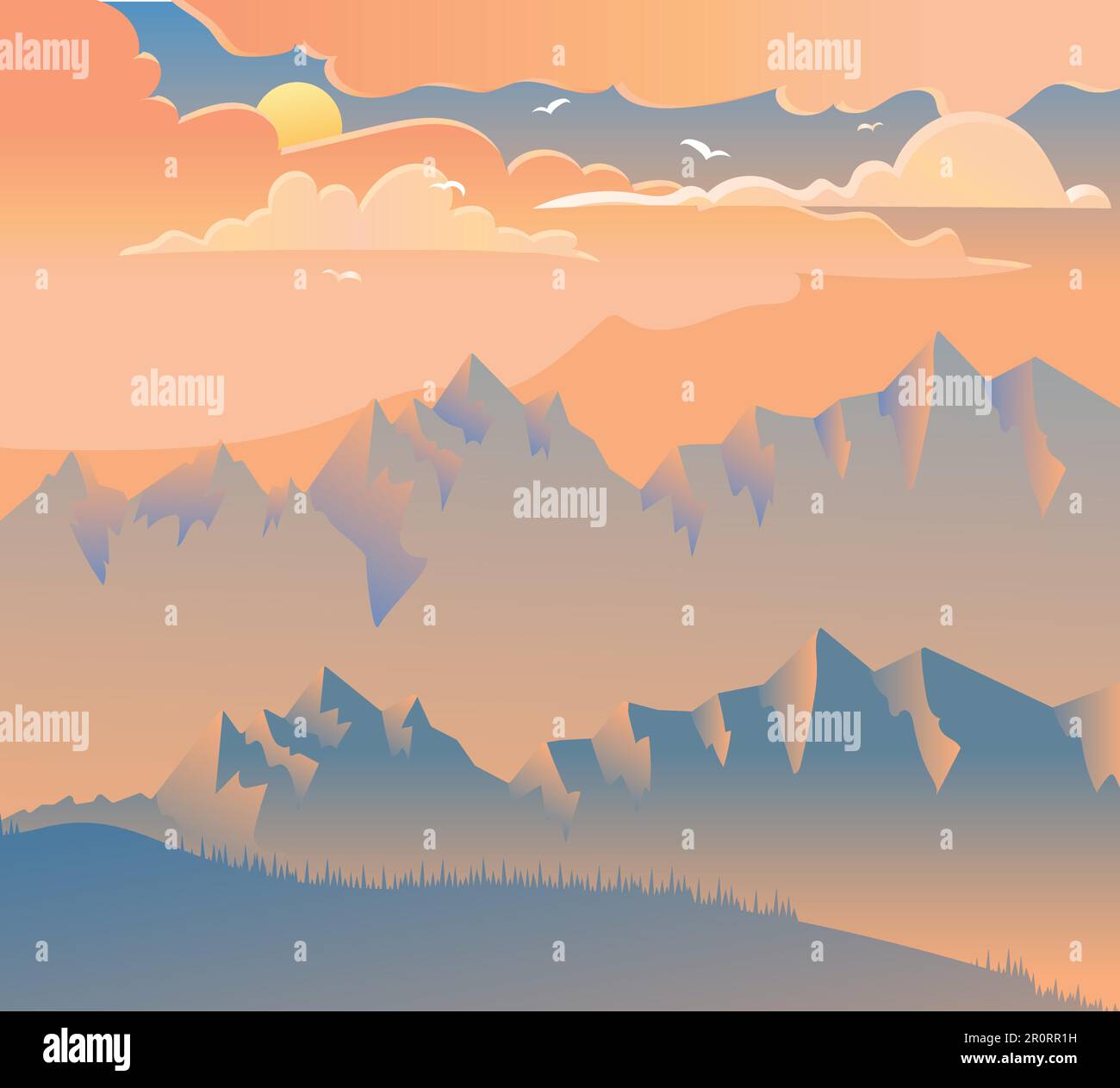 Illustration vectorielle coucher de soleil en montagne. Lever de soleil brumeux. Paysage. Alpinisme Illustration de Vecteur