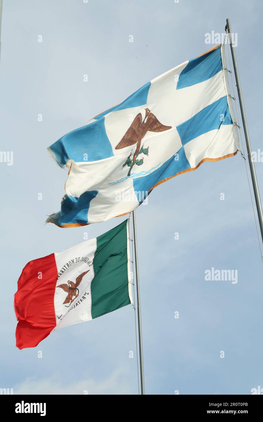 Les drapeaux du Mexique flottent contre le ciel bleu le jour ensoleillé, vue à angle bas Banque D'Images