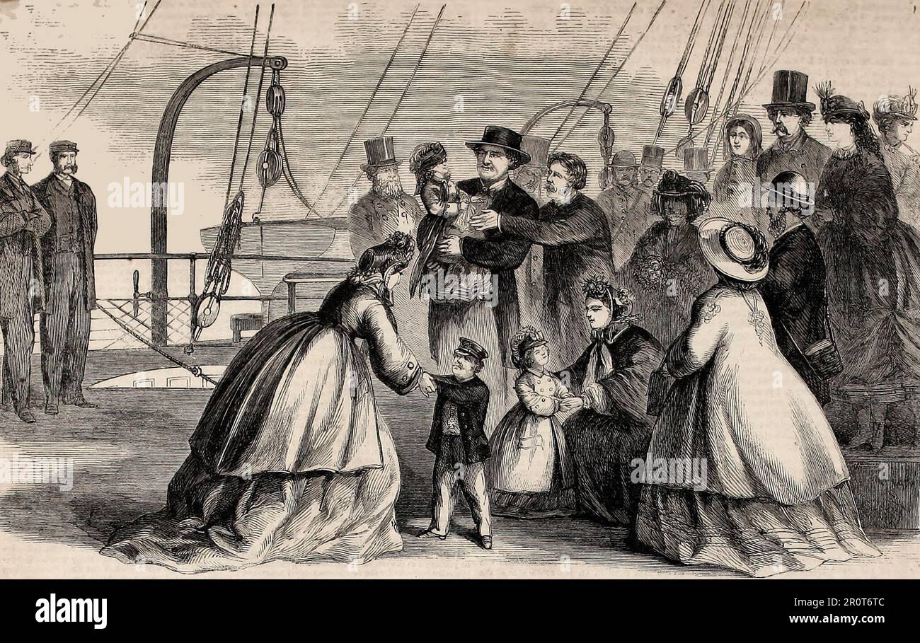 Départ du général Tom Thumb, son épouse et Minnie Warren pour l'Angleterre, scène sur le quai de la ville de Steamer à Washington, à New York, 29 octobre 1864 Banque D'Images Départ du général Tom Thumb, son épouse et Minnie Warren pour l'Angleterre, scène sur le quai de la ville de Steamer à Washington, à New York, 29 octobre 1864 Banque D'Images