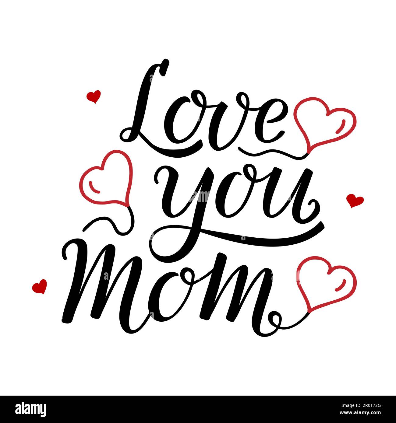 Expression Love You Maman lettrage manuscrit avec trois coeurs rouges dessinés à la main sous forme de ballons. Calligraphie moderne à l'encre de pinceau. Illustration de Vecteur
