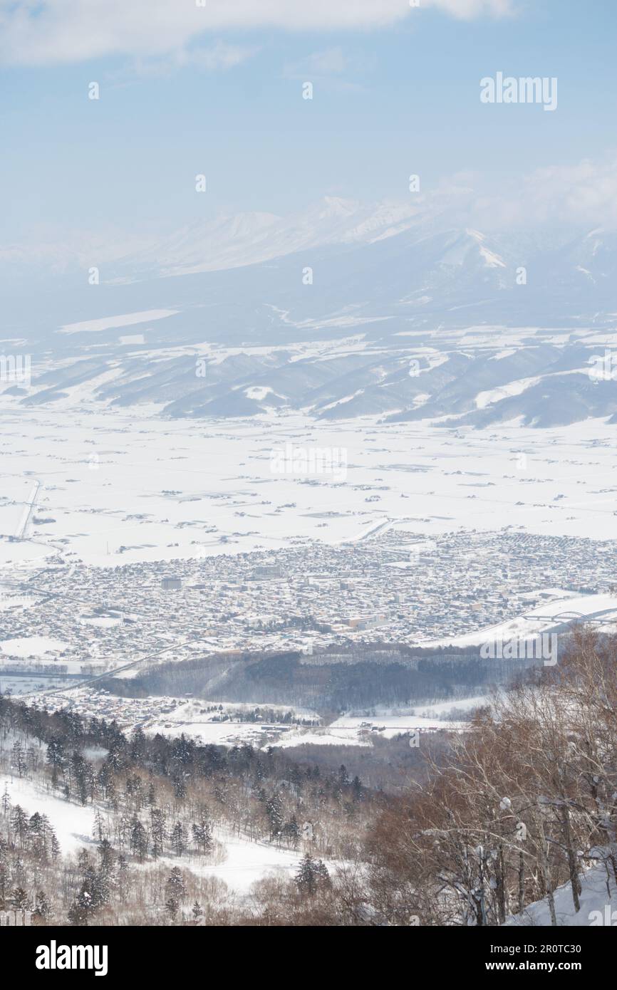 Paysage de la ville de Furano, Hokkaido en hiver Banque D'Images